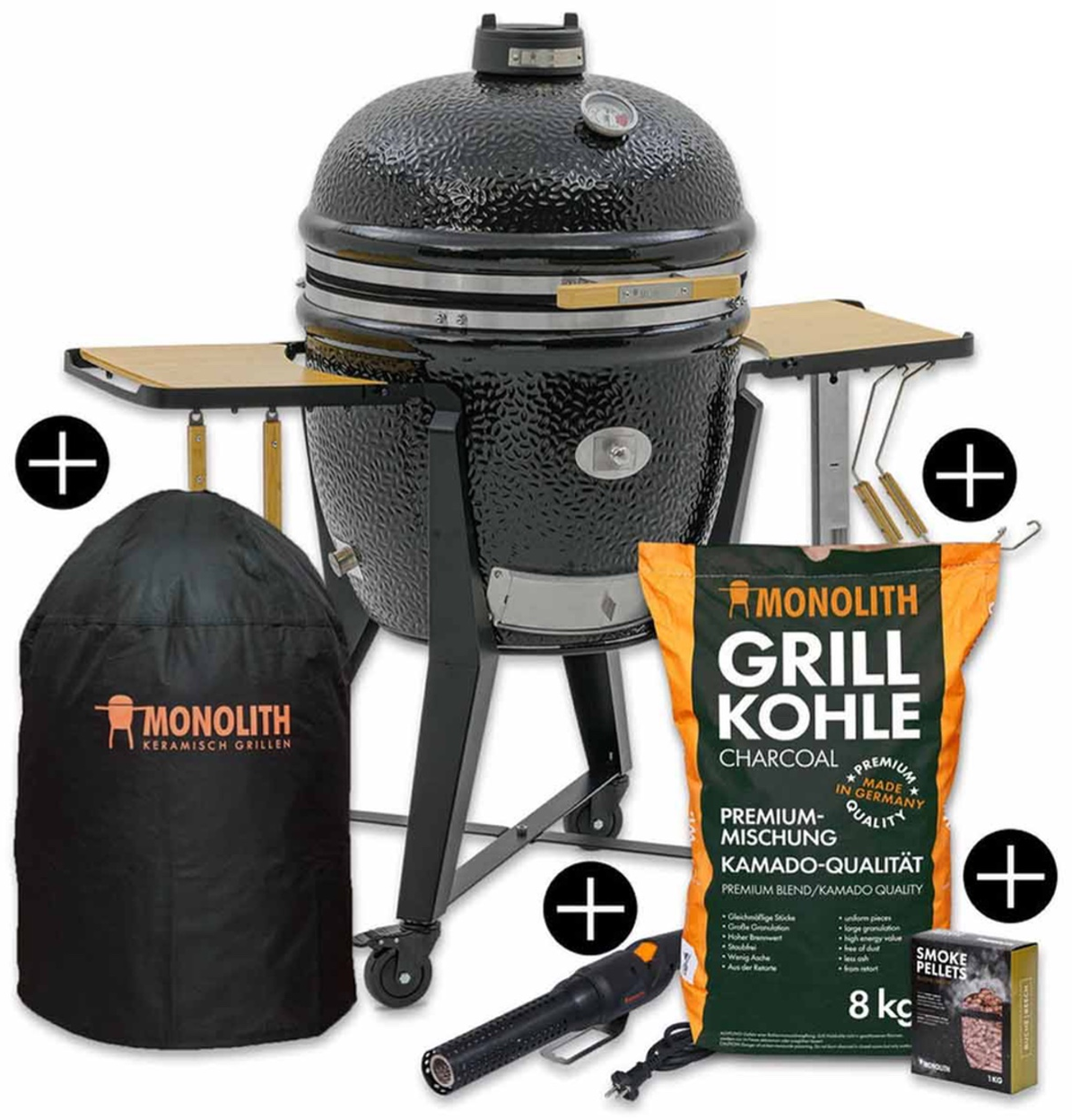 MONOLITH Keramikgrill Smartflow 55 Classic Set mit Grillkohle, Monolighter, Abdeckhaube, Gestell und Steinheber